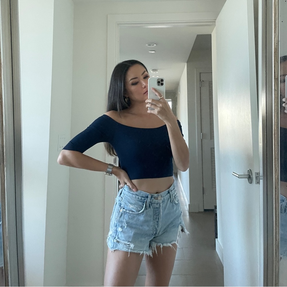 Lulus Navy Ribbed Off Shoulder Top - Picture 3 of 3